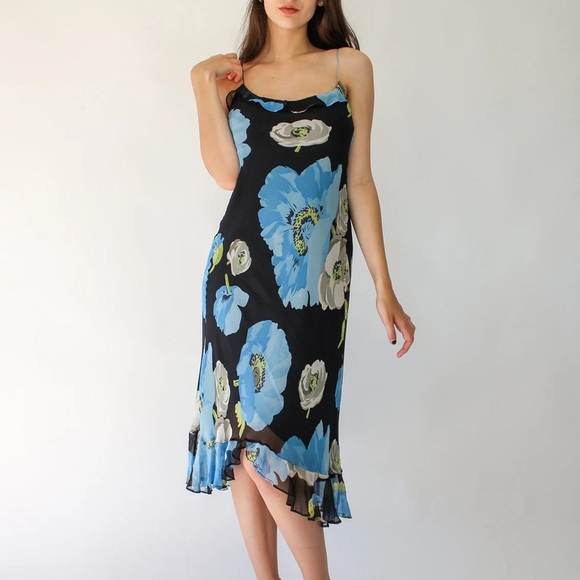 Vintage 90s Betsey Johnson Silk Floral Print Spaghetti Strap Maxi Dress - Picture 1 of 15